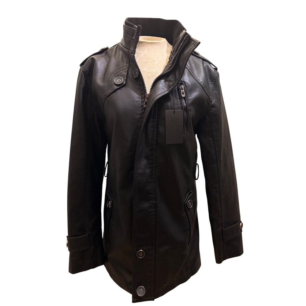 SJS Black Faux Leather Faux Fur Lined Trench Field Jacket Stand Collar XL